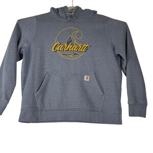 Carhartt Womens Hoodie XL 16 18 Blue Relaxed Fit Graphic Mountain Wave Logo Cozy
